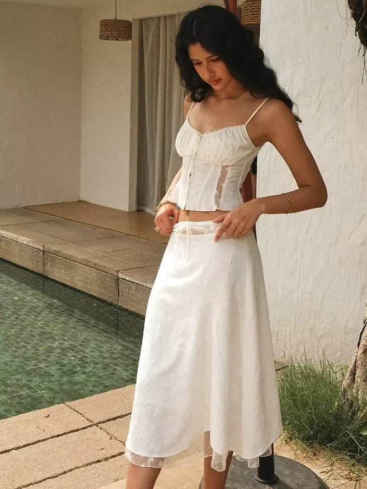 Embroidery White Dress - Chicheca 여성용 화이트 원피스 세트, 스파게티