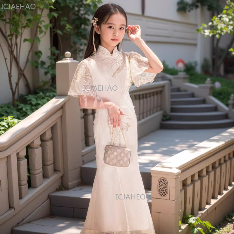 Embroidery White Dress - 화이트 소녀 치파오 드레스 어린이 중국