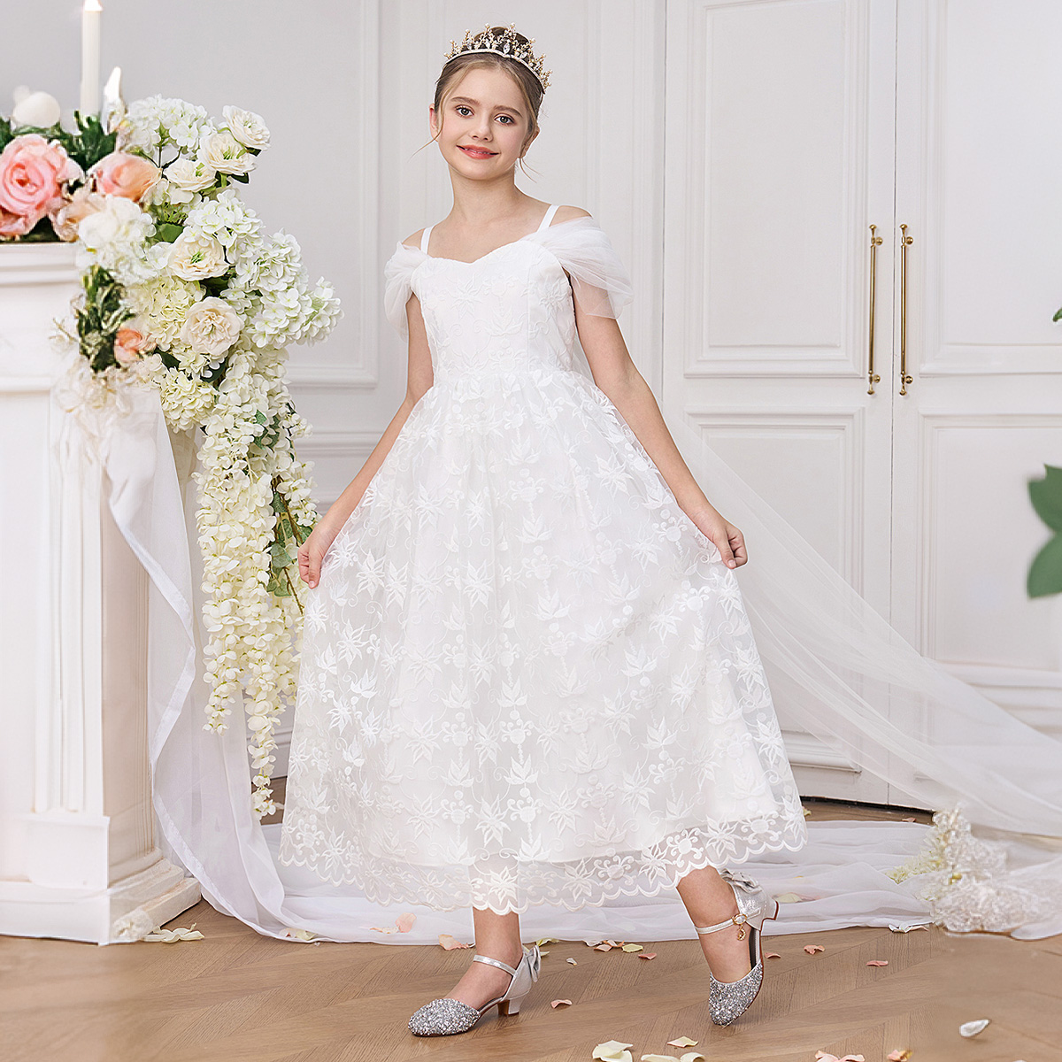 Embroidery White Dress - 우아한 흰색 신부 들러리 파티 소녀
