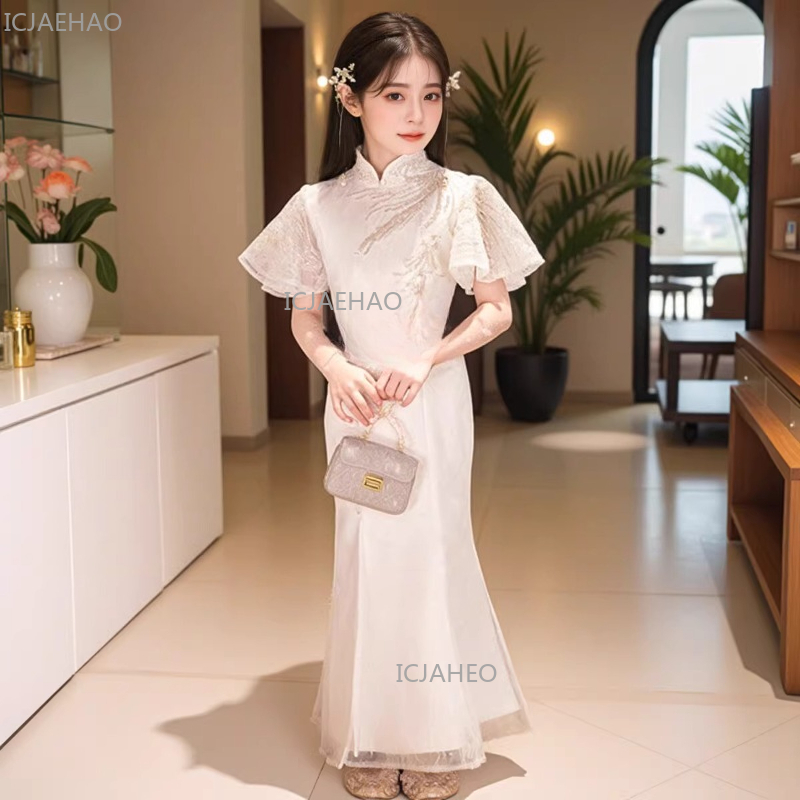 화이트 소녀 치파오 드레스 어린이 중국 스타일 가운 공 - Embroidery White Dress 리뷰 및 가격