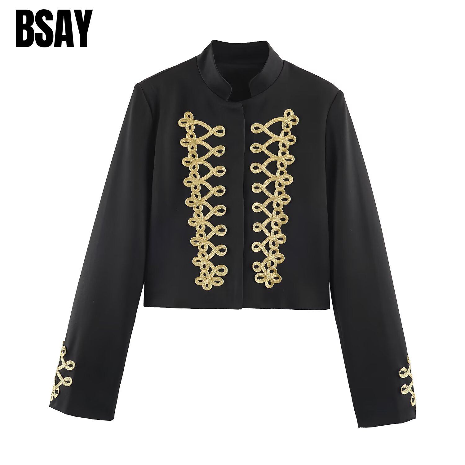 BSAY 여성용 크롭 블레이저, 스탠드 칼라, 금색 프 - Embroidery Gold 리뷰 및 가격
