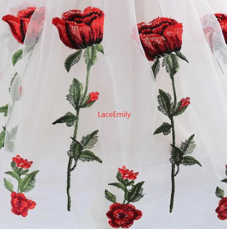 레드 로즈 레이스 원단 꽃 자수 부드러운 블랙 화이트  - Embroidery Rose 리뷰 및 가격