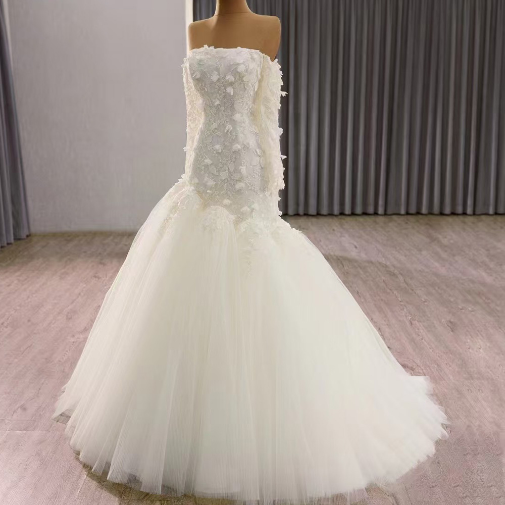 공주 스타일 끈이 없는 웨딩 드레스 긴 소매 레이스업  - Embroidery Organza 리뷰 및 가격