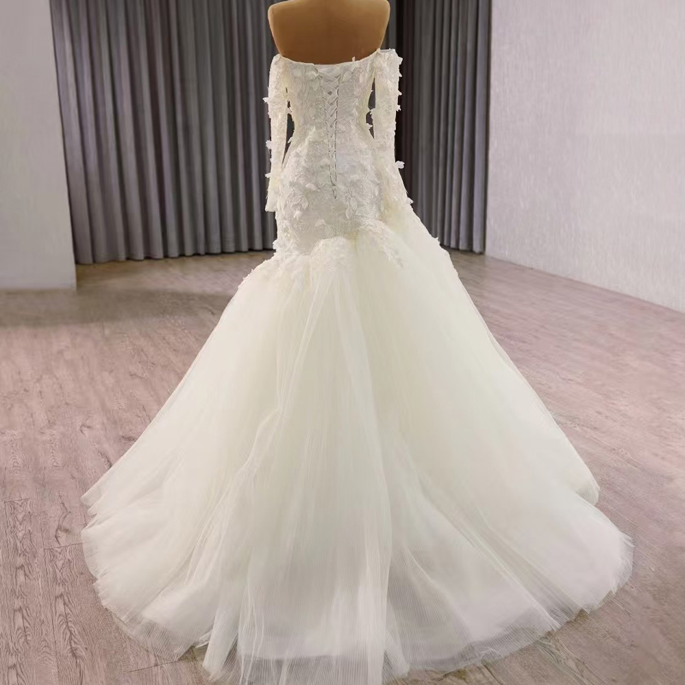 공주 스타일 끈이 없는 웨딩 드레스 긴 소매 레이스업  - Embroidery Organza 리뷰 및 가격