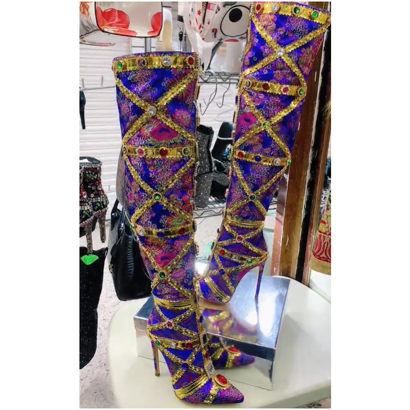 멀티컬러 젬스톤 골드 트림 스티치 스틸레토 허벅지 부츠 - Embroidery Gold 리뷰 및 가격