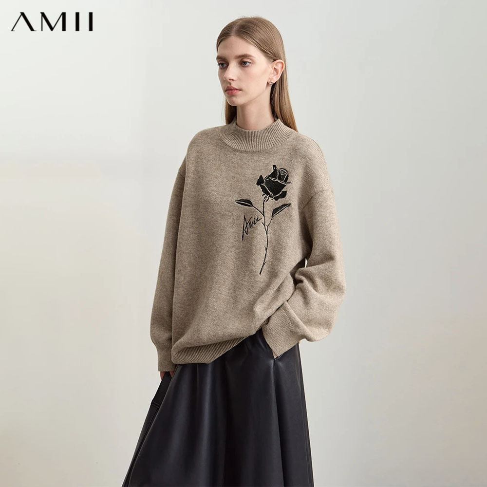 Amii 스웨터 가을 겨울 여성 의류 캐시미어 로즈 자 - Embroidery Rose 리뷰 및 가격